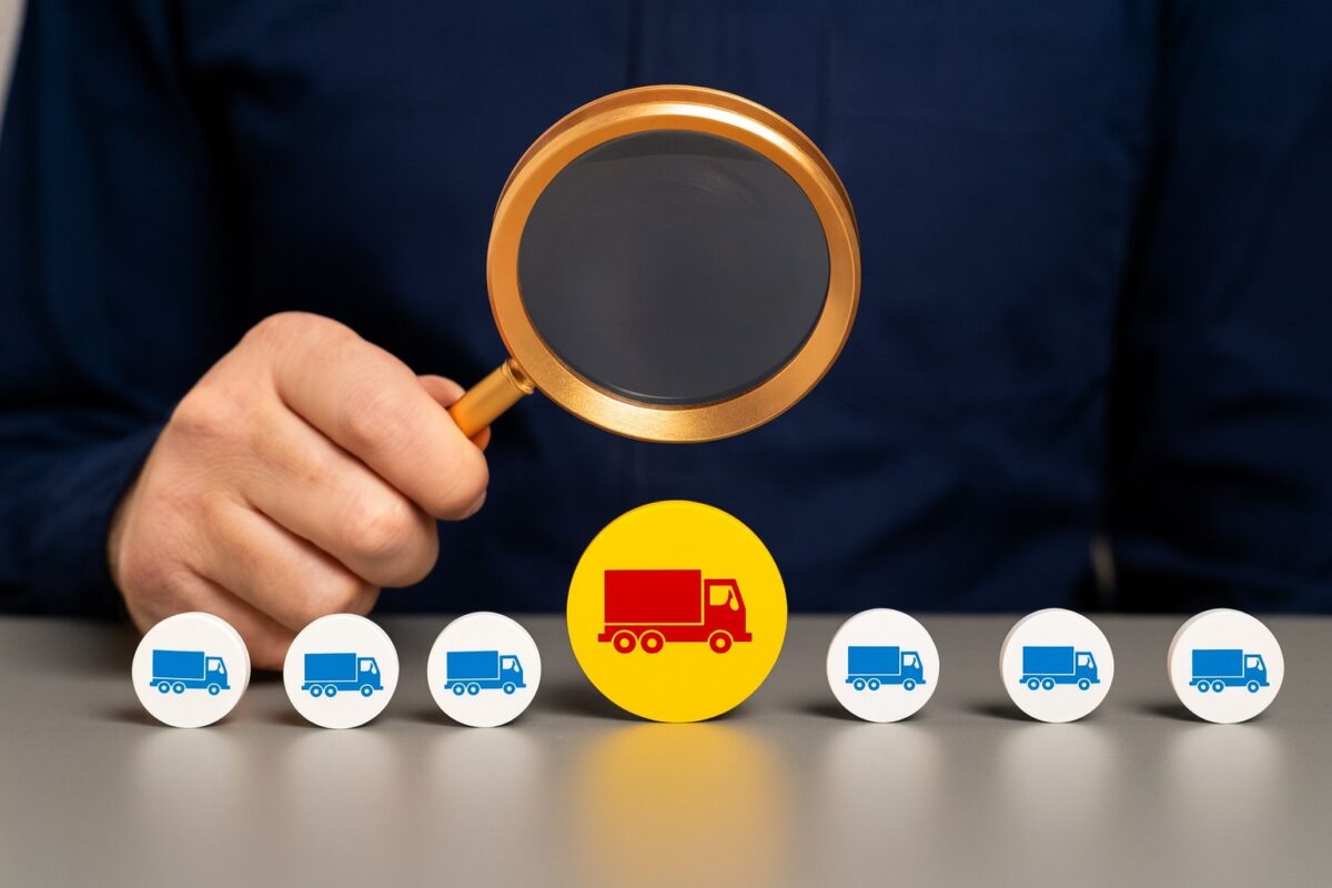 Magnifying glass focusing on a yellow truck icon among blue truck icons, symbolizing fleet tracking and logistics management.