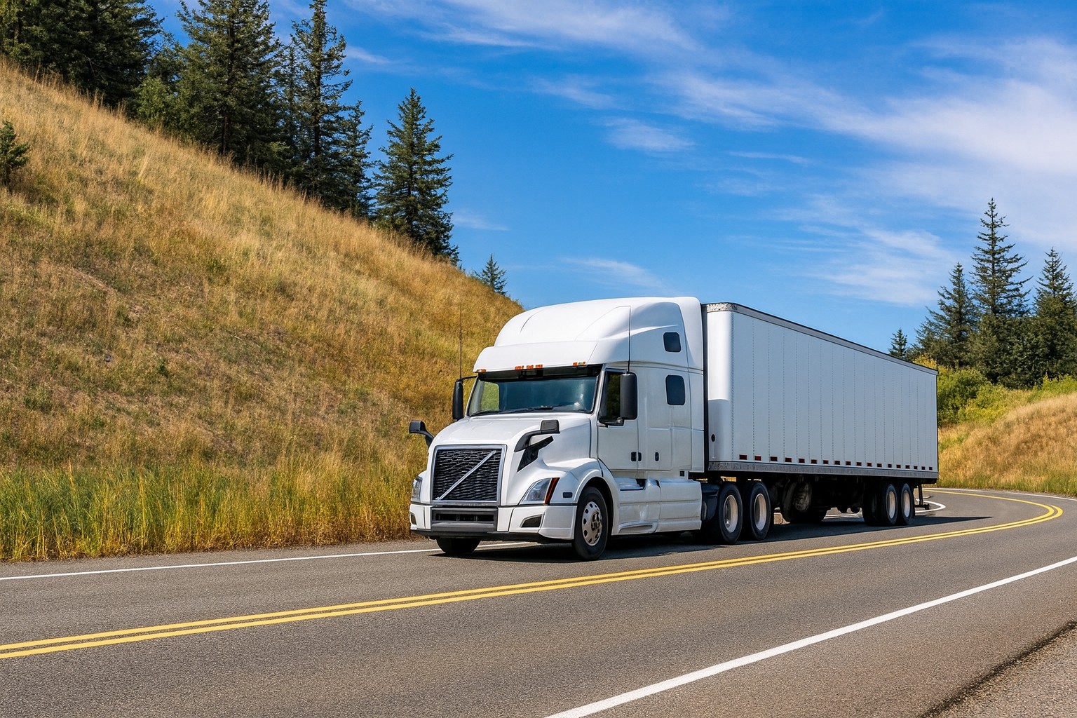 White semi truck with a trailer driving on a mountain highway under a blue sky, representing freight transportation and logistics services.