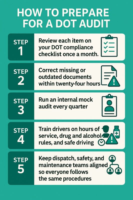 Infographic showing five steps to prepare for a DOT audit, including reviewing the DOT compliance checklist, fixing missing documents, running mock audits, training drivers, and aligning safety and maintenance teams.