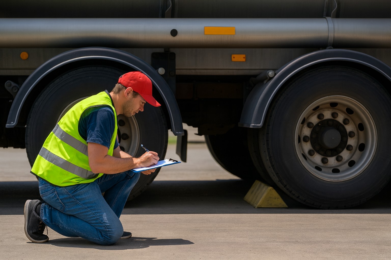 truck driver inspecting tires safety check