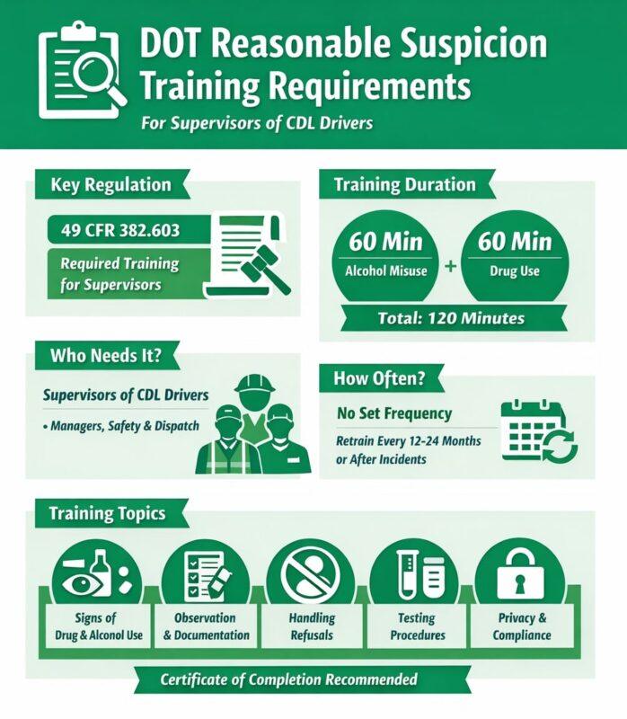 DOT reasonable suspicion training requirements infographic showing 49 CFR 382.603, 60 minutes alcohol misuse training plus 60 minutes controlled substances training, who needs DOT supervisor training, retraining guidance, and key topics for suspicion testing compliance