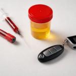 Drug and alcohol testing samples including blood vial, syringe, urine container, car keys, and breathalyzer device on a white background