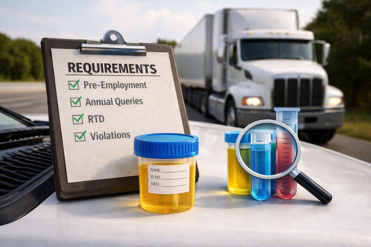 Realistic 4:3 cover image showing a semi truck on the road with DOT compliance items like a urine test cup, lab tubes, and a clipboard, representing FMCSA Clearinghouse compliance and clearinghouse requirements for CDL drivers and employers.