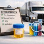 Realistic 4:3 cover image showing a semi truck on the road with DOT compliance items like a urine test cup, lab tubes, and a clipboard, representing FMCSA Clearinghouse compliance and clearinghouse requirements for CDL drivers and employers.