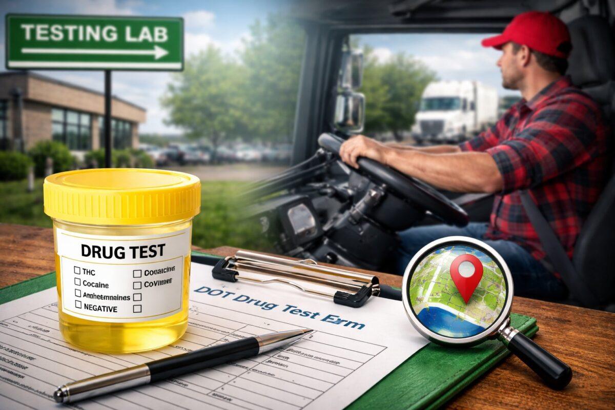 Truck driver near a drug testing lab with DOT test form and map pin illustration in green tones