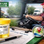 Truck driver near a drug testing lab with DOT test form and map pin illustration in green tones