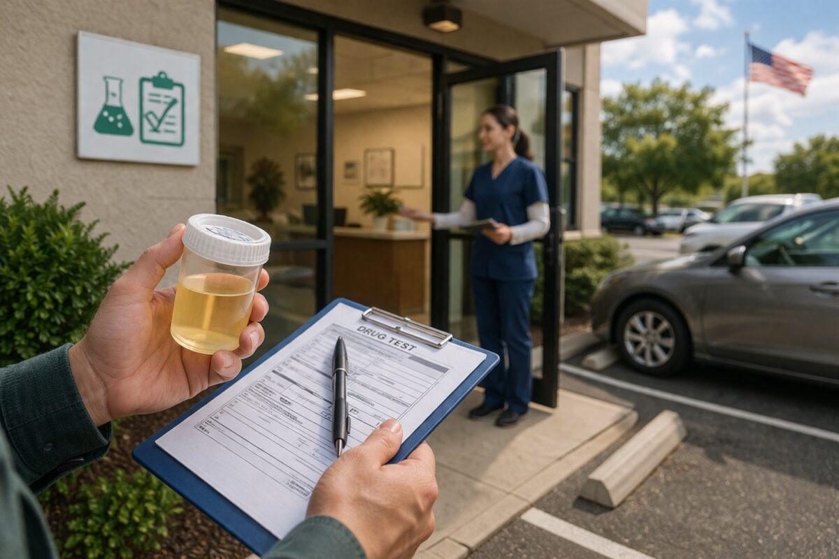 Person holding a specimen cup and test form outside a drug testing center in the United States