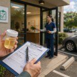 Person holding a specimen cup and test form outside a drug testing center in the United States