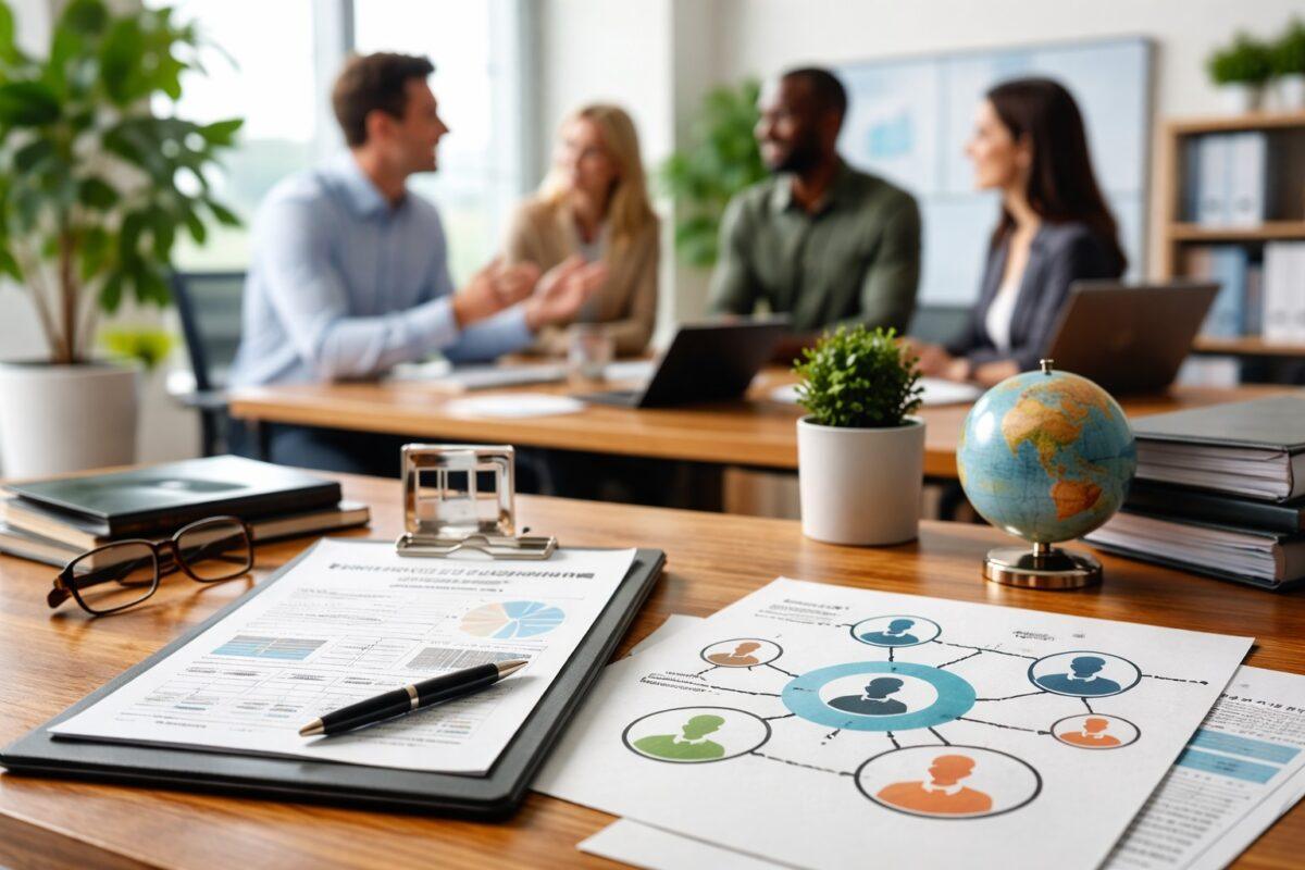 Business professionals meeting around a table with documents and charts that represent collaboration and shared goals
