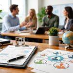 Business professionals meeting around a table with documents and charts that represent collaboration and shared goals