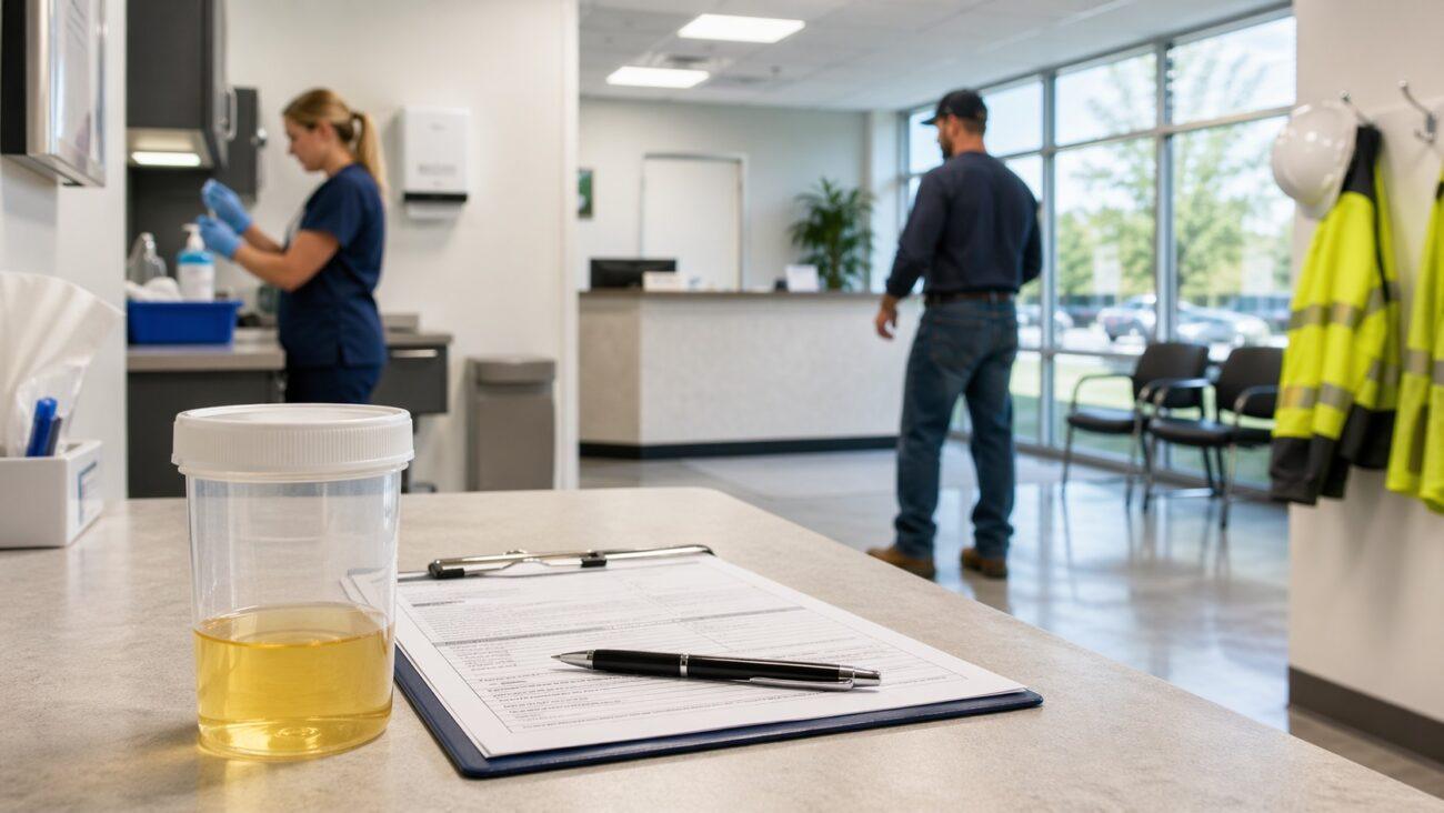 Specimen cup and clipboard in a drug and alcohol screening clinic with a worker and patient in the background