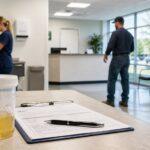 Specimen cup and clipboard in a drug and alcohol screening clinic with a worker and patient in the background