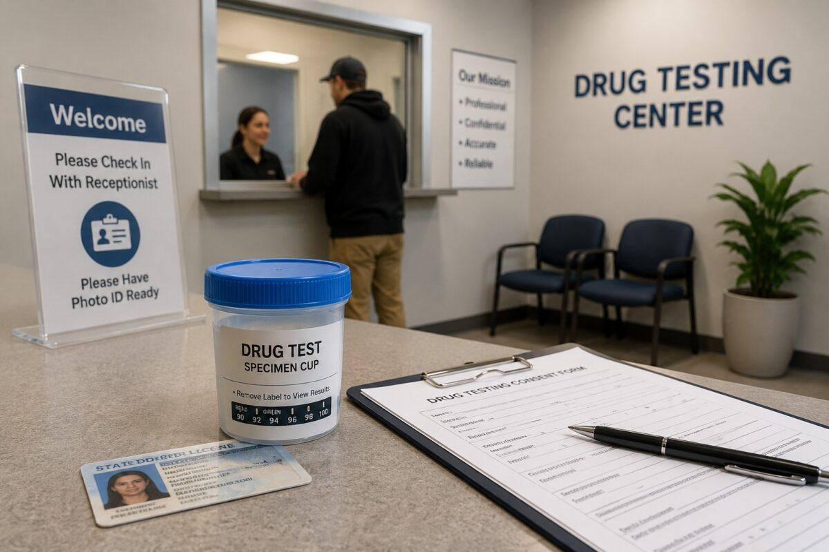 Reception area at a US drug testing center with specimen cup, check-in desk, and paperwork ready for a screening visit