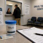 Reception area at a US drug testing center with specimen cup, check-in desk, and paperwork ready for a screening visit
