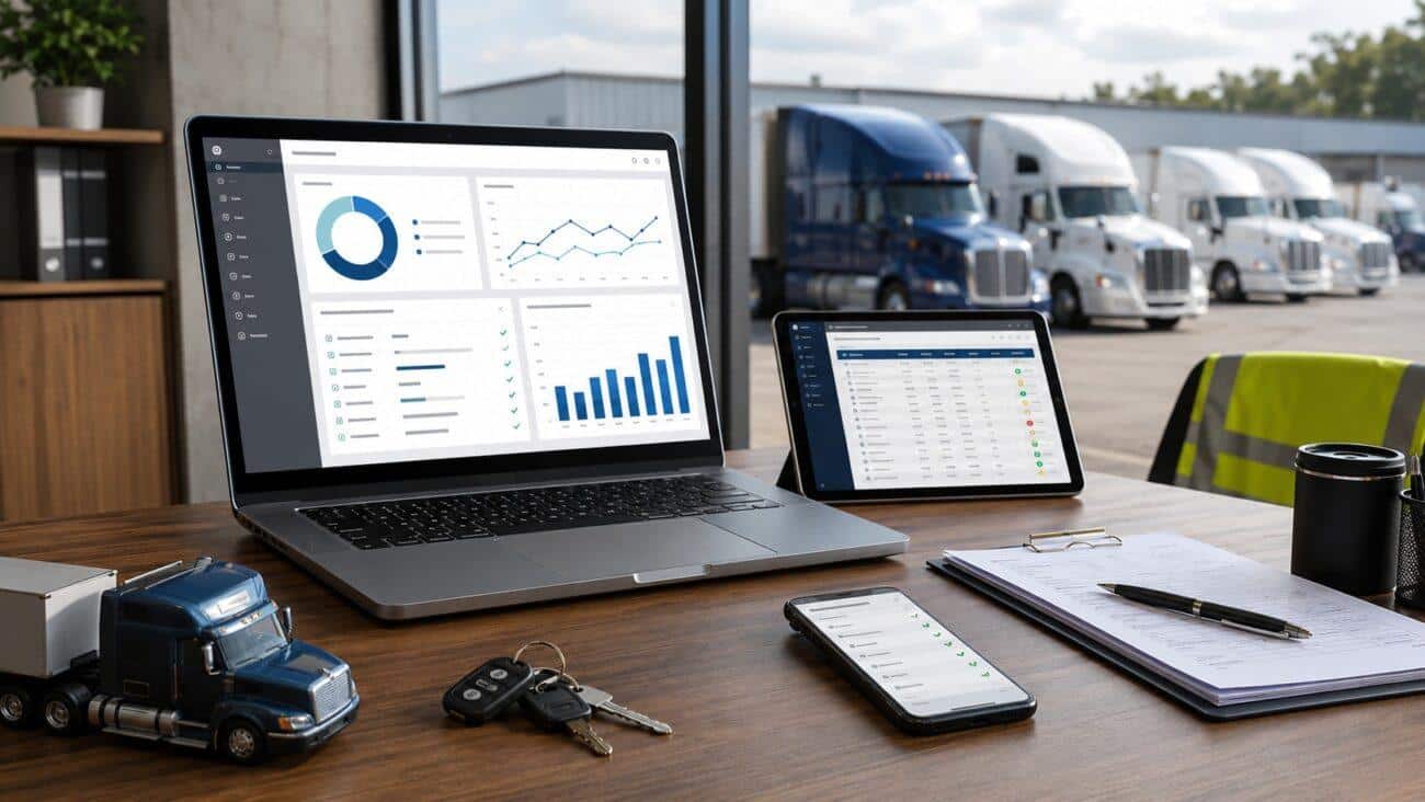 Online DOT compliance dashboard on a laptop with trucking documents, vehicle keys, and semi trucks visible outside a fleet office.