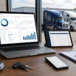 Online DOT compliance dashboard on a laptop with trucking documents, vehicle keys, and semi trucks visible outside a fleet office.