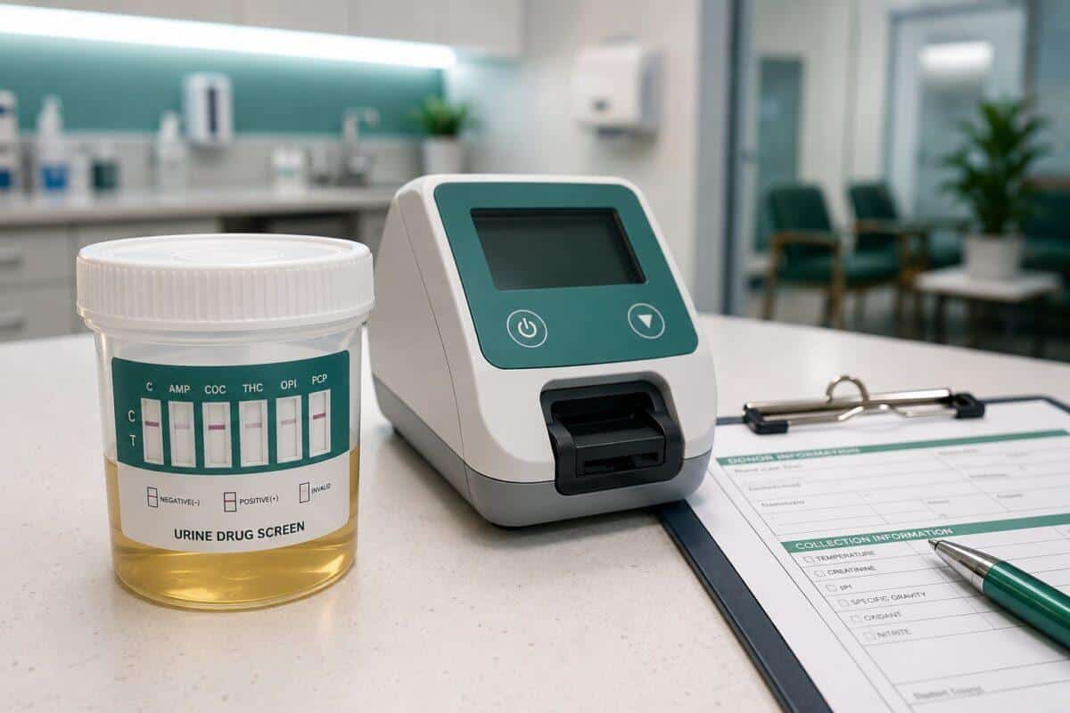 eCup urine drug test beside an electronic screening device and collection form in a clinical testing center