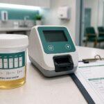 eCup urine drug test beside an electronic screening device and collection form in a clinical testing center