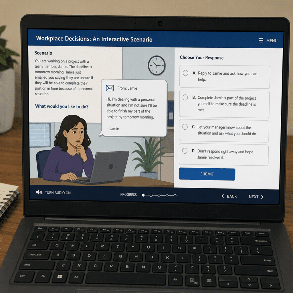 Laptop screen showing an interactive scenario with multiple-choice decision points