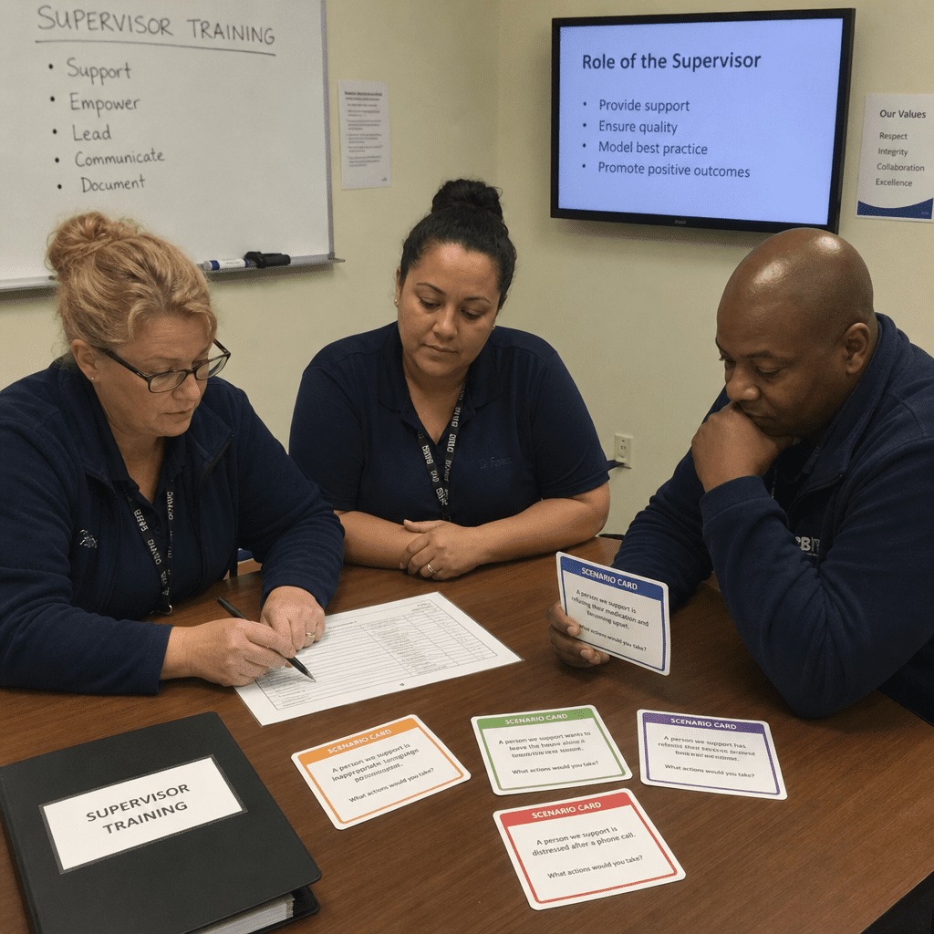 Training room with supervisors reviewing a checklist and scenario cards