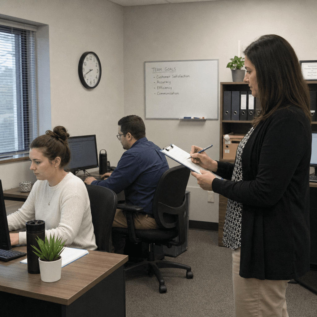 A supervisor observing workplace behavior and taking notes in a neutral, professional setting