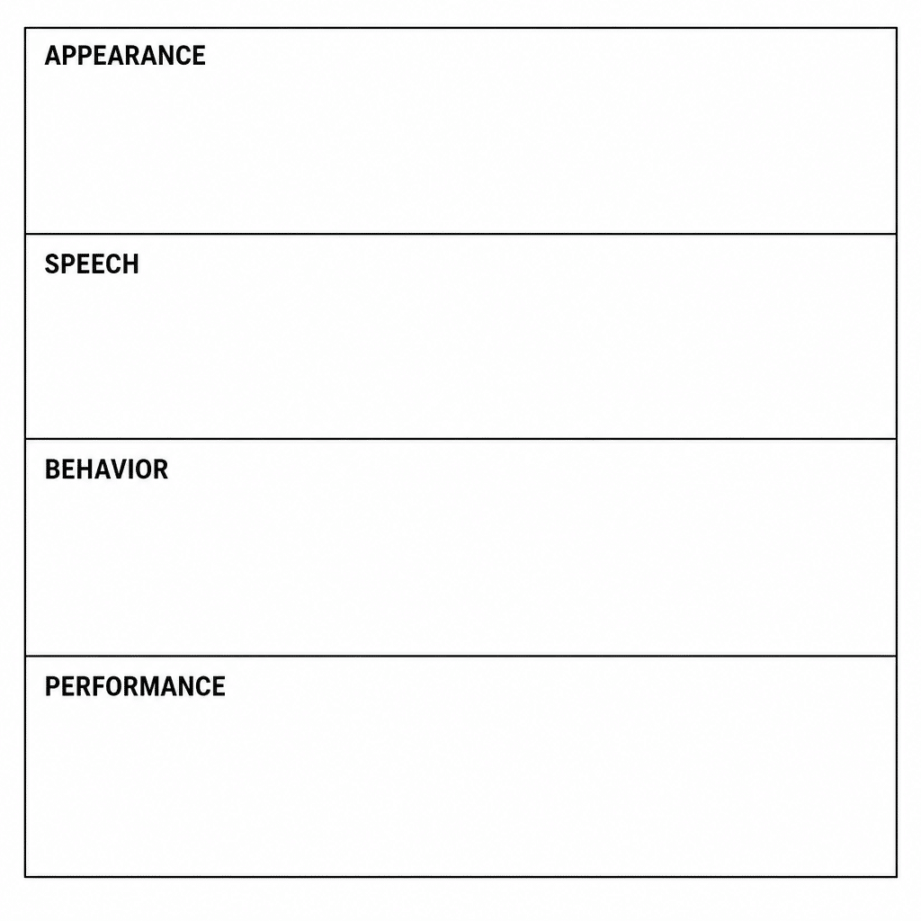 A blank form with headings for appearance, speech, behavior, and performance