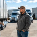 Fleet supervisor documenting observations while speaking with a commercial driver during reasonable suspicion training in a U.S. trucking yard.