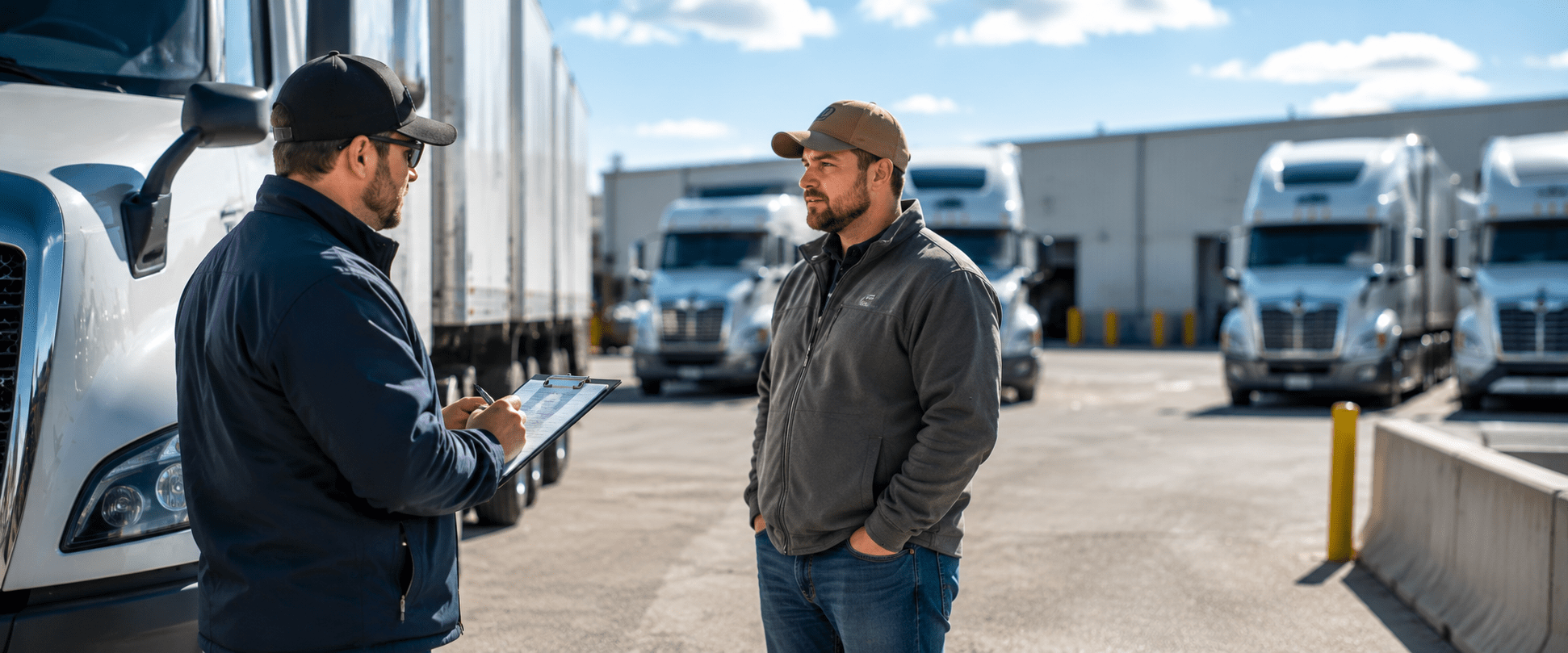 Fleet supervisor documenting observations while speaking with a commercial driver during reasonable suspicion training in a U.S. trucking yard.