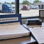 Fleet safety manager reviewing a driver qualification file and compliance checklist, with semi trucks parked outside the office.