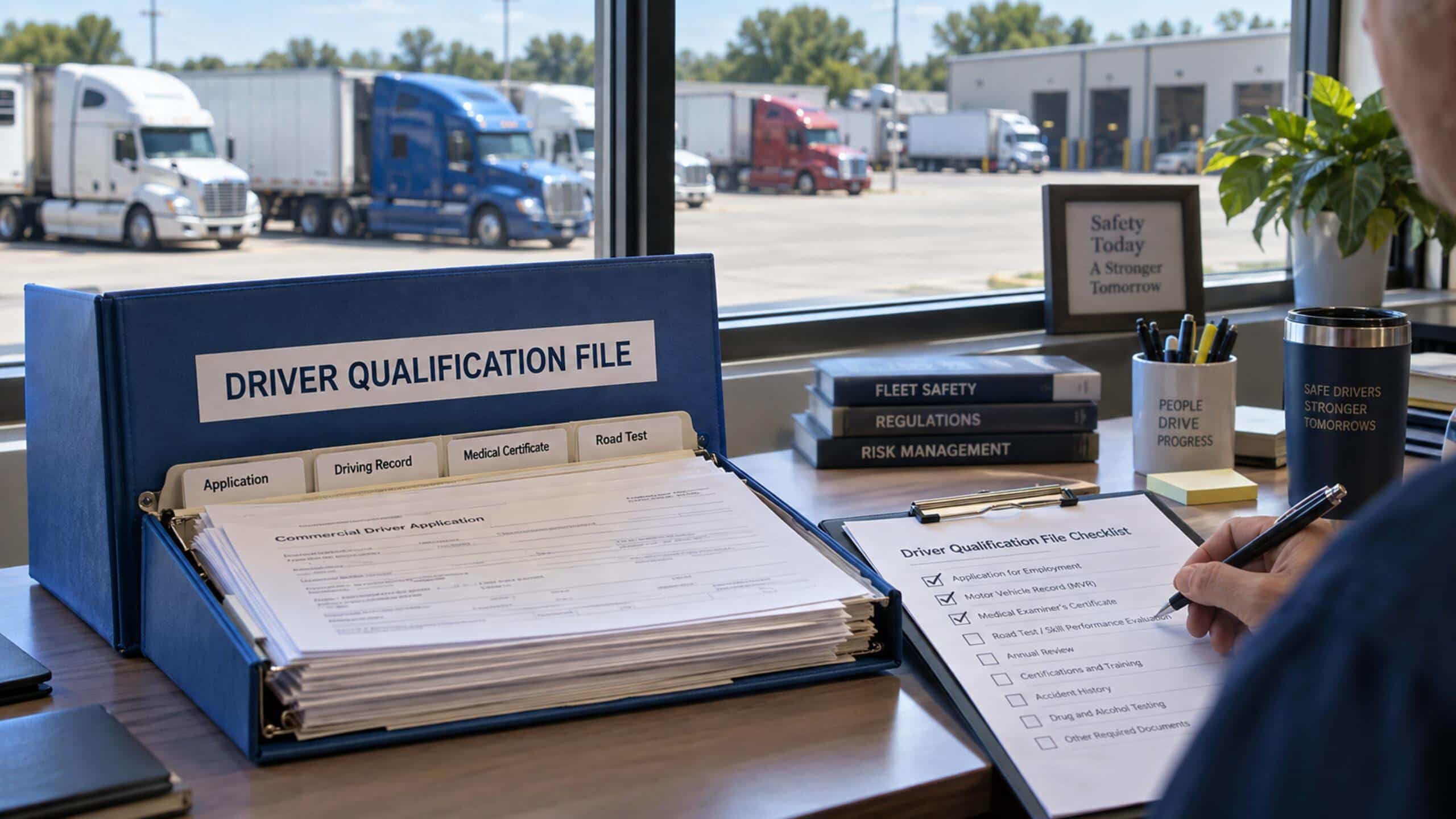Fleet safety manager reviewing a driver qualification file and compliance checklist, with semi trucks parked outside the office.