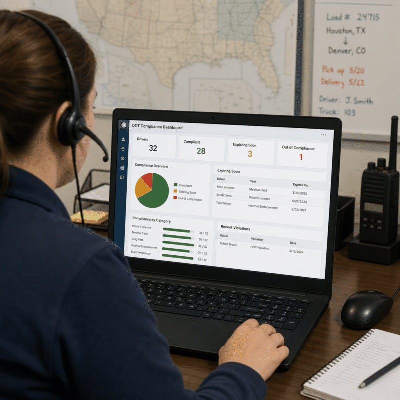 Dispatcher reviewing DOT compliance dashboard on a laptop